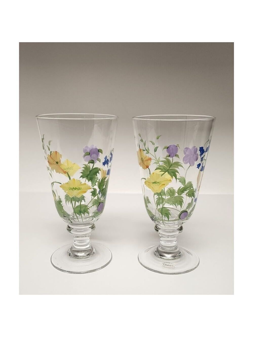 Oneida Glass Drink Goblets Set Of 2 Hand Painted Floral Bloom Drinkware Glasses